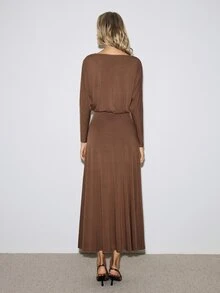 ATUI Studio Autumn Casual Halloween Graduation Everyday Day Y2k Women's Wool Round Neck Long Sleeve Ruched Solid Color Versatile Fashion Dress - Khaki - View 3