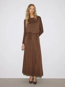 ATUI Studio Autumn Casual Halloween Graduation Everyday Day Y2k Women's Wool Round Neck Long Sleeve Ruched Solid Color Versatile Fashion Dress - Khaki - View 4