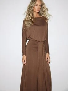 ATUI Studio Autumn Casual Halloween Graduation Everyday Day Y2k Women's Wool Round Neck Long Sleeve Ruched Solid Color Versatile Fashion Dress - Khaki - View 6