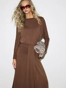ATUI Studio Autumn Casual Halloween Graduation Everyday Day Y2k Women's Wool Round Neck Long Sleeve Ruched Solid Color Versatile Fashion Dress - Khaki - View 7