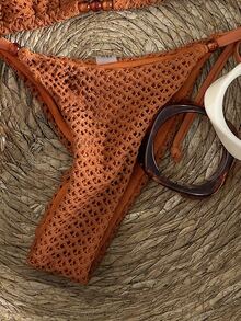 SHEIN Swim Women's Textured Beaded Halter Bikini Set, Spring/Summer - Brown - View 4