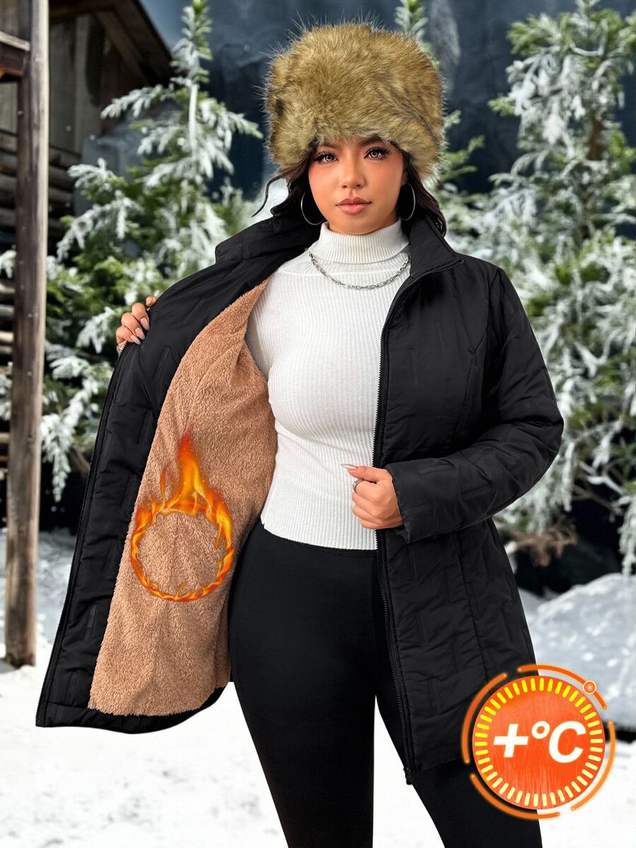 Solflare Plus Size Winter Casual Versatile Thick Coat - Black - View 1