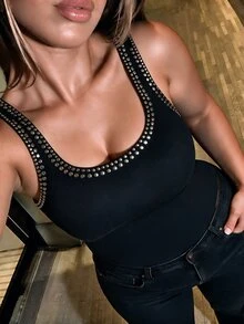 Easura Plus Size Women's Deep U-Neck Studded Decor Tank Top - Black - View 2
