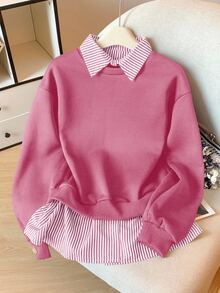 Modelyn Striped Patchwork 2 In 1 Long Sleeve Elegant & Fashionable Women Sweatshirt - Hot Pink - View 3