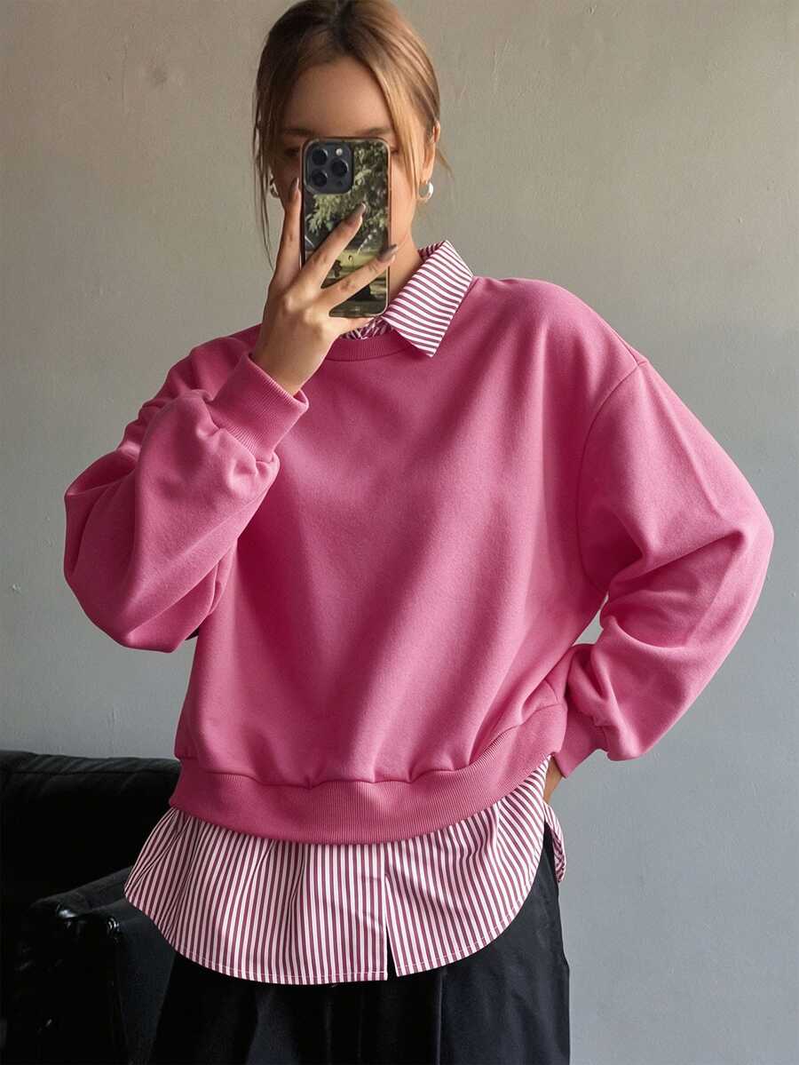 Modelyn Striped Patchwork 2 In 1 Long Sleeve Elegant & Fashionable Women Sweatshirt - Hot Pink - View 1