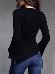 Selianne Women's Solid Color Round Neck Long Sleeve Asymmetric Hem Sweater - Black - View 2