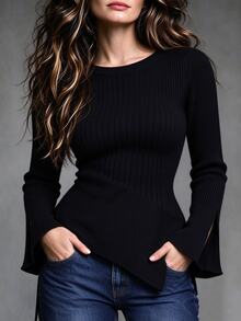 Selianne Women's Solid Color Round Neck Long Sleeve Asymmetric Hem Sweater - Black - View 1