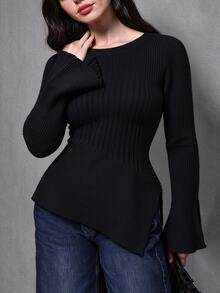 Selianne Women's Solid Color Round Neck Long Sleeve Asymmetric Hem Sweater - Black - View 4