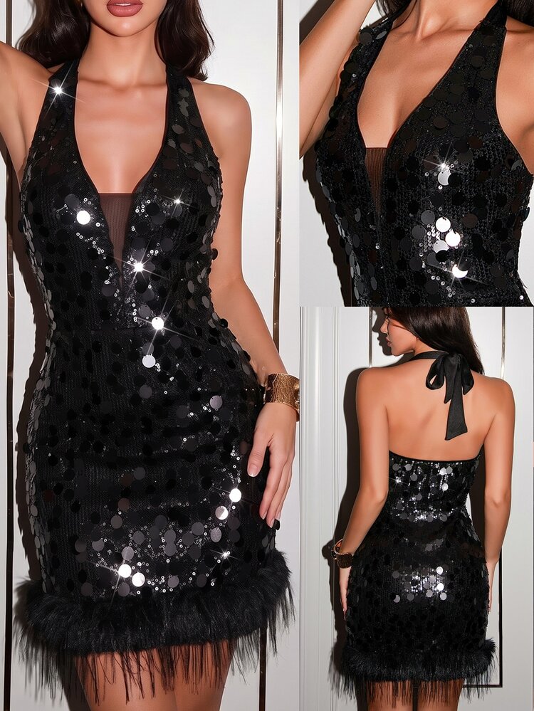 SHEIN Glamour Black Sequin Halter Deep V Tie Bow Back Fringe Hem Bodycon Mini Dress Homecoming Sorority Rush Night Out Date Night Halloween Christmas Birthday Party - Black - View 8