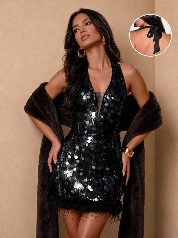SHEIN Glamour Black Sequin Halter Deep V Tie Bow Back Fringe Hem Bodycon Mini Dress Homecoming Sorority Rush Night Out Date Night Halloween Christmas Birthday Party - Black - View 3