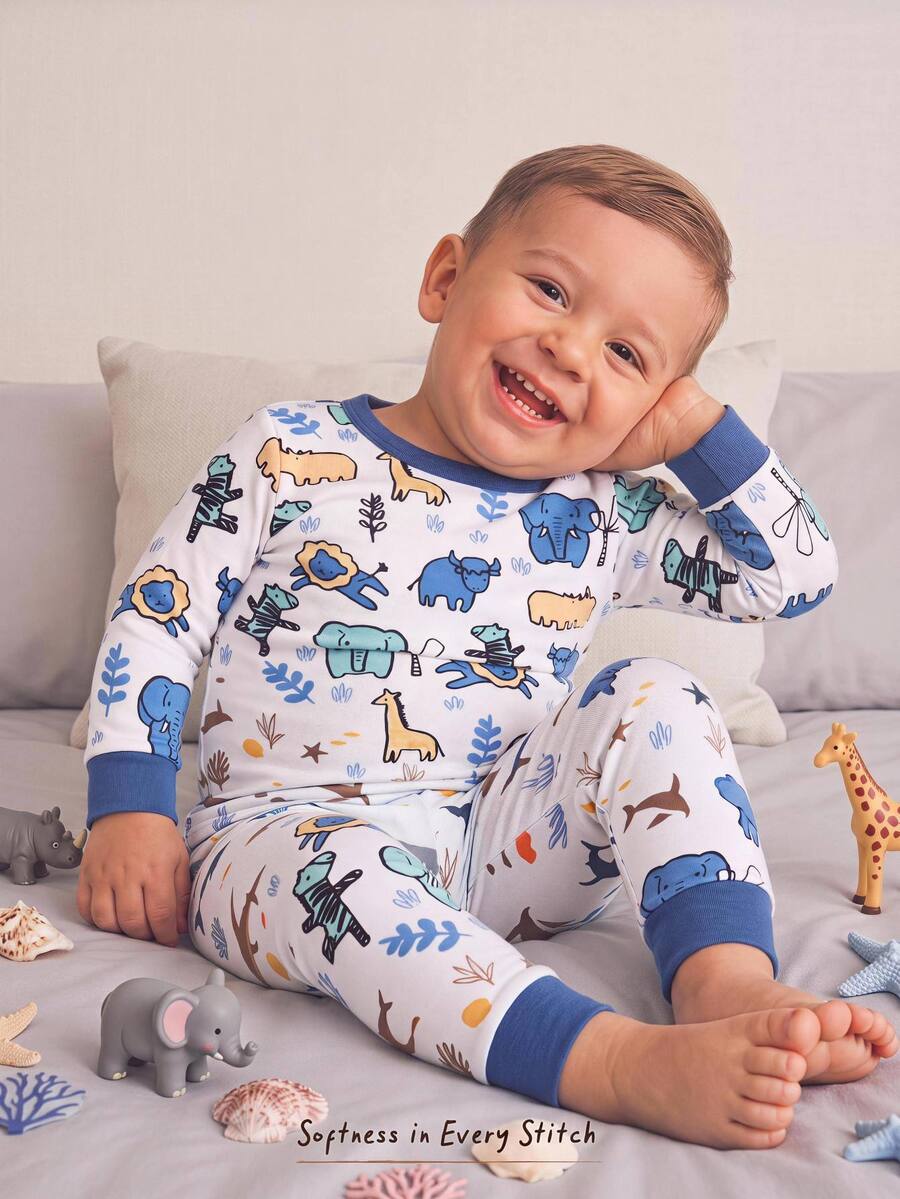 Cozy Pixies Baby Boy Snug Fit Pajama Set, Cartoon Giraffe Animal Blue Pattern, Soft Knit Crew Neck Long Sleeve Pullover Top And Elastic Waist Long Pants, 2 Pieces Set - Multicolor - View 1