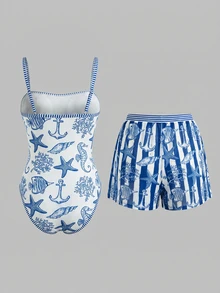 Swim Mod Women's All-Over Print One-Piece Swimsuit, Suitable For Beach Vacation, Pool Party, Beach Party, Pair With Shorts - Blue and White - View 2