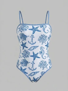 Swim Mod Women's All-Over Print One-Piece Swimsuit, Suitable For Beach Vacation, Pool Party, Beach Party, Pair With Shorts - Blue and White - View 11