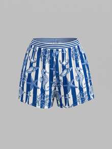 Swim Mod Women's All-Over Print One-Piece Swimsuit, Suitable For Beach Vacation, Pool Party, Beach Party, Pair With Shorts - Blue and White - View 5