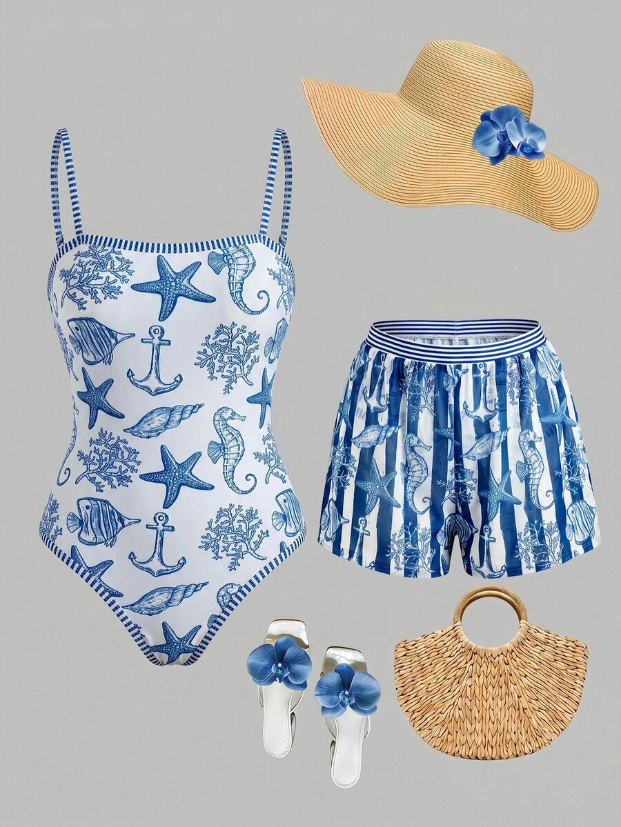 Swim Mod Women's All-Over Print One-Piece Swimsuit, Suitable For Beach Vacation, Pool Party, Beach Party, Pair With Shorts - Blue and White - View 1