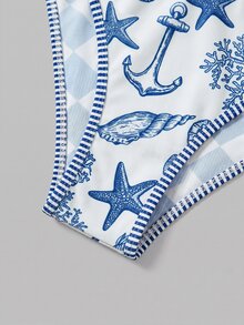 Swim Mod Women's All-Over Print One-Piece Swimsuit, Suitable For Beach Vacation, Pool Party, Beach Party, Pair With Shorts - Blue and White - View 8
