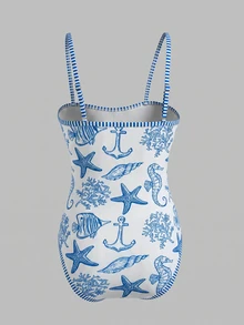 Swim Mod Women's All-Over Print One-Piece Swimsuit, Suitable For Beach Vacation, Pool Party, Beach Party, Pair With Shorts - Blue and White - View 4