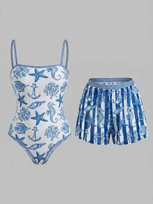 Swim Mod Women's All-Over Print One-Piece Swimsuit, Suitable For Beach Vacation, Pool Party, Beach Party, Pair With Shorts - Blue and White - View 3