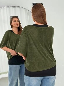SHEIN Essnce 大尺碼蝙蝠袖T恤與背心2件組 - 軍綠色 - 查看 7