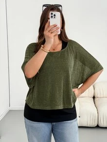 SHEIN Essnce 大尺碼蝙蝠袖T恤與背心2件組 - 軍綠色 - 查看 5