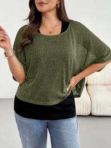 SHEIN Essnce 大尺碼蝙蝠袖T恤與背心2件組 - 軍綠色 - 查看 3