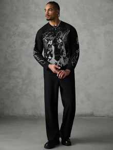 SLATEMANN Men's Letter Angel Print Crew Neck Long Sleeve Casual T-Shirt - Black - View 1