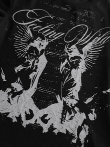 SLATEMANN Men's Letter Angel Print Crew Neck Long Sleeve Casual T-Shirt - Black - View 7