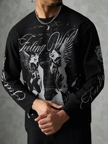SLATEMANN Men's Letter Angel Print Crew Neck Long Sleeve Casual T-Shirt - Black - View 4