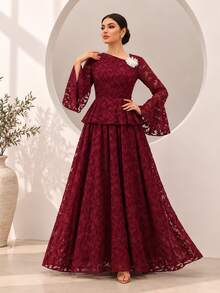 Graceveil Elegant Modest 3D Floral Cut-Out Hem Flared Sleeve Cinched Waist Top And Full Skirt Set For Autumn/Winter Party Dinner Wedding Burgundy - Red - View 1