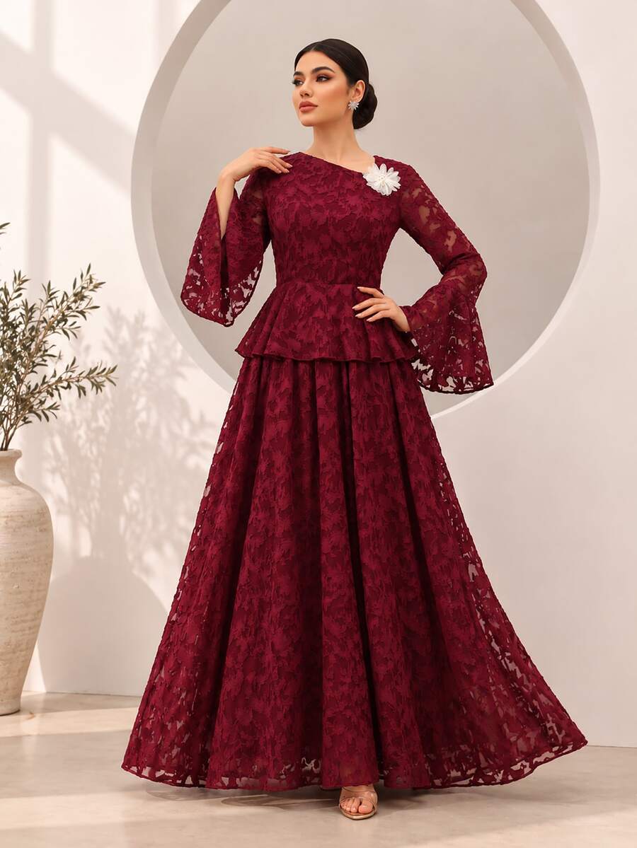 Graceveil Elegant Modest 3D Floral Cut-Out Hem Flared Sleeve Cinched Waist Top And Full Skirt Set For Autumn/Winter Party Dinner Wedding Burgundy - Red - View 1