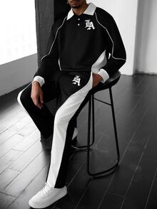 SLATEMANN 男士字母印花長袖運動衫與抽繩腰運動長褲休閒套裝 - 黑色 - 查看 6