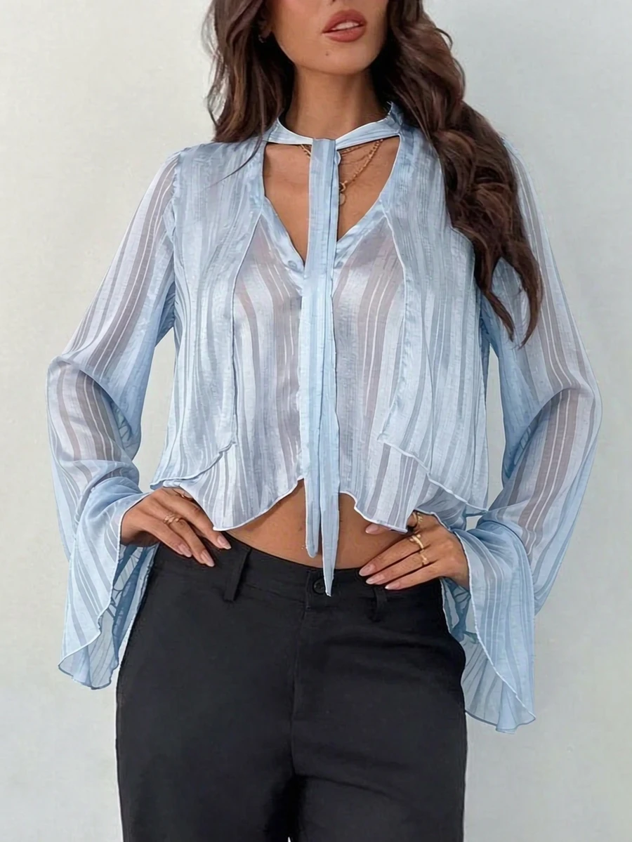 Allurite Light Blue Striped Sheer Tie Neck V-Neck Flare Long Sleeve Cropped Cover Up,Elegant Sexy Ruffle Trim See Through Shirt For Date Night Brunch - Baby Blue - View 1