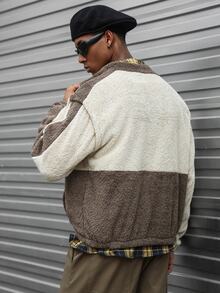 Major Grit Men's Casual Streetwear Retro Patchwork Brown And White Polka Dot Halloween Long Sleeve Fuzzy Jacket Vacation Autumn - Khaki - View 2