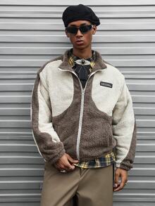 Major Grit Men's Casual Streetwear Retro Patchwork Brown And White Polka Dot Halloween Long Sleeve Fuzzy Jacket Vacation Autumn - Khaki - View 4