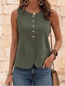 EMERY ROSE Vintage Elegant Casual Design Round Neck Open Front Top For Women Office Olive Green Autumn - Army Green - View 1