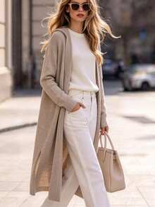 SHEIN Franclia Women's Autumn/Winter French Lazy Style Solid Color Hooded Buttonless Side Slit Long Drape Knit Long Sleeve Cardigan Sweater, Suitable For Daily Commute And Vacation - Khaki - View 3