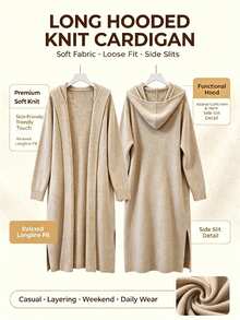 SHEIN Franclia Women's Autumn/Winter French Lazy Style Solid Color Hooded Buttonless Side Slit Long Drape Knit Long Sleeve Cardigan Sweater, Suitable For Daily Commute And Vacation - Khaki - View 5
