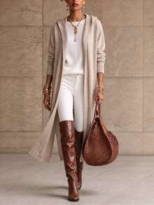 SHEIN Franclia Women's Autumn/Winter French Lazy Style Solid Color Hooded Buttonless Side Slit Long Drape Knit Long Sleeve Cardigan Sweater, Suitable For Daily Commute And Vacation - Khaki - View 1
