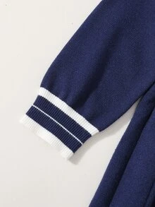 女童秋冬海軍藍與白色拼接針織毛衣洋裝，學院風，可愛優雅小公主造型，領口設計，精緻時尚，柔軟細膩針織，舒適親膚面料，適合日常穿著、外出、旅行，高品質面料，多場合百搭必備單品 - 藏蓝色 - 查看 4