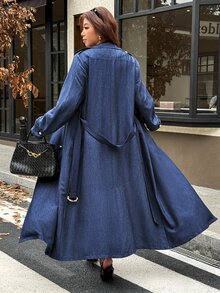 Vionelle Plus Size Women's Elegant Solid Color Denim Effect Long Trench Coat With Belt And Metal Buckle Decoration, Spring/Autumn/Winter - Blue - View 2