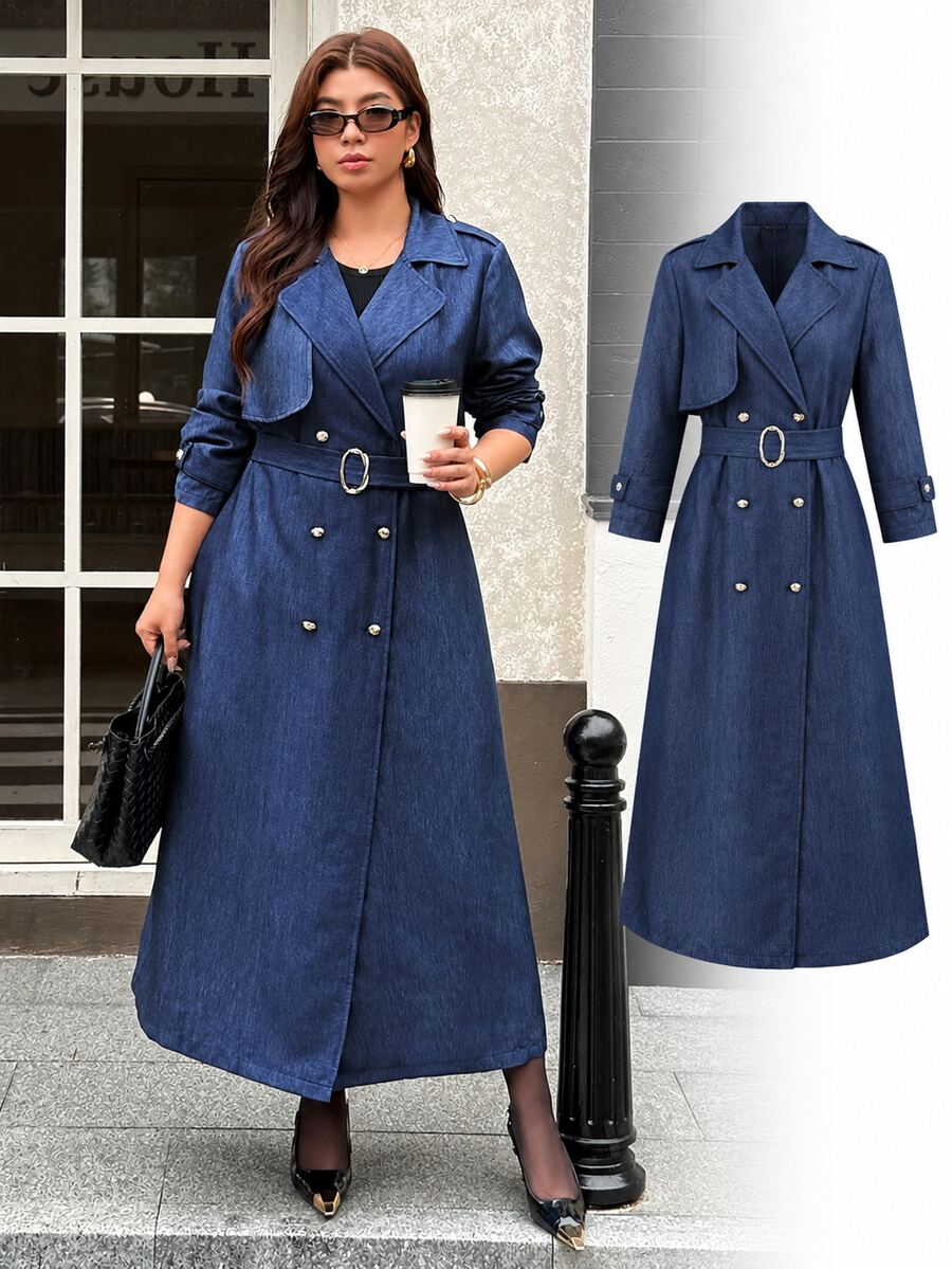 Vionelle Plus Size Women's Elegant Solid Color Denim Effect Long Trench Coat With Belt And Metal Buckle Decoration, Spring/Autumn/Winter - Blue - View 1