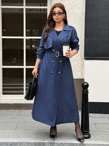 Vionelle Plus Size Women's Elegant Solid Color Denim Effect Long Trench Coat With Belt And Metal Buckle Decoration, Spring/Autumn/Winter - Blue - View 7