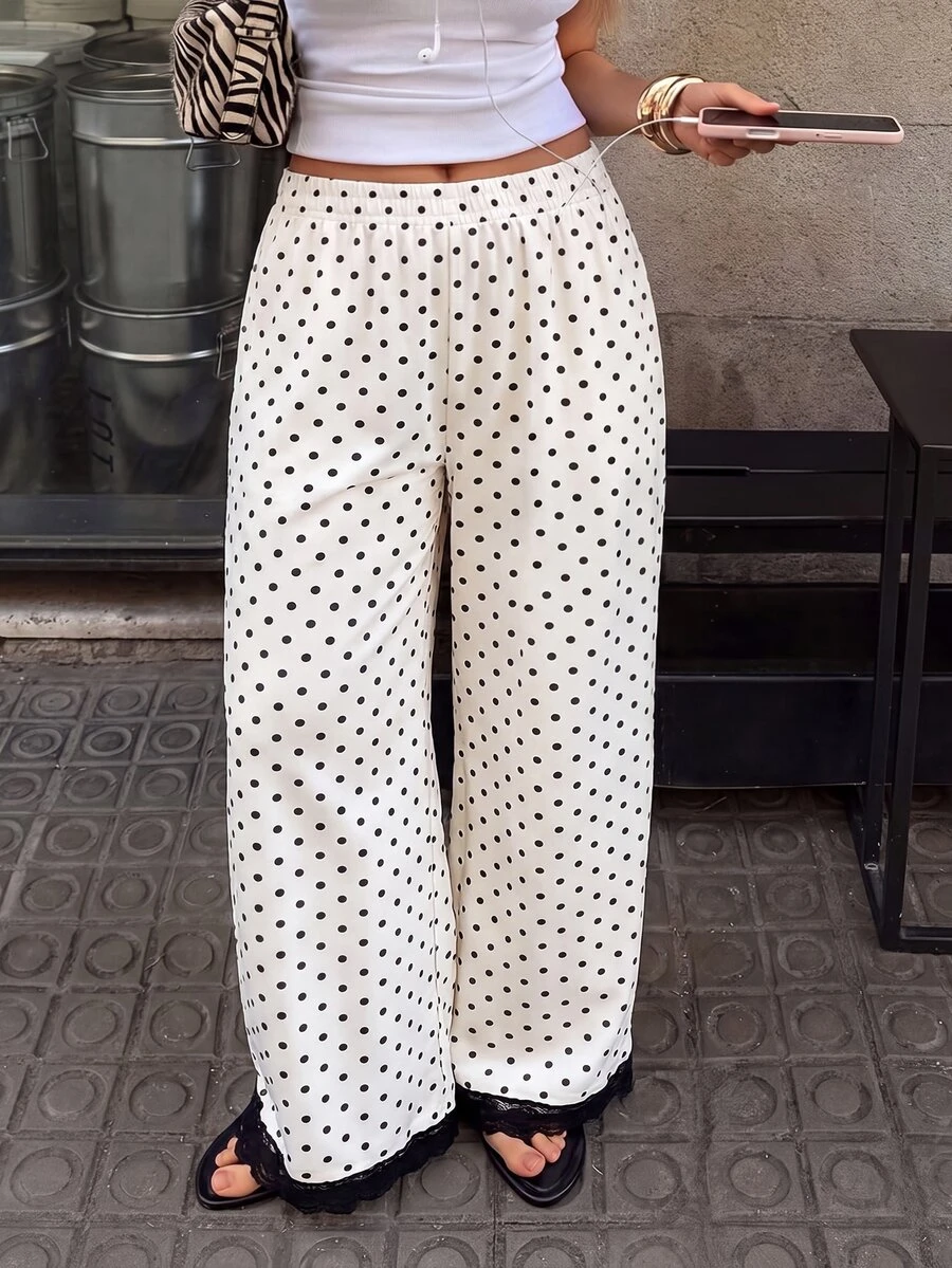SHEIN PETITE CURVE Plus Size Women's Spring/Summer Loose Casual Everyday Versatile Polka Dot Print Contrast Lace Trim Design Long Pants Fall - Black and White - View 1