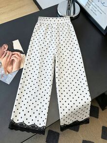 SHEIN PETITE CURVE Plus Size Women's Spring/Summer Loose Casual Everyday Versatile Polka Dot Print Contrast Lace Trim Design Long Pants Fall - Black and White - View 2