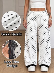 SHEIN PETITE CURVE Plus Size Women's Spring/Summer Loose Casual Everyday Versatile Polka Dot Print Contrast Lace Trim Design Long Pants Fall - Black and White - View 8