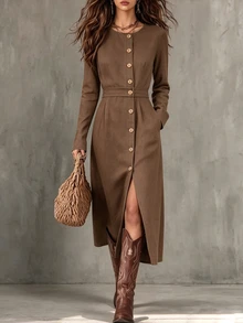 Glimmora Women's Early Autumn New French Elegant Commute Round Neck Button Design Slit Long Sleeve Waist-Cinching Slimming Long Dress - Brown - View 1