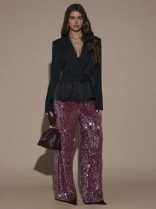 SHEIN BAE Fashion Party Commute Sequin Suit Pants - Burgundy - View 7