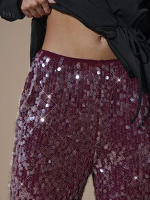 SHEIN BAE Fashion Party Commute Sequin Suit Pants - Burgundy - View 6