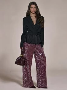 SHEIN BAE Fashion Party Commute Sequin Suit Pants - Burgundy - View 3