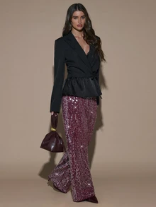 SHEIN BAE Fashion Party Commute Sequin Suit Pants - Burgundy - View 8